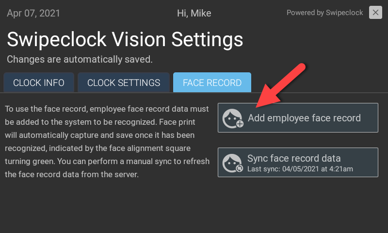 Face Record tab