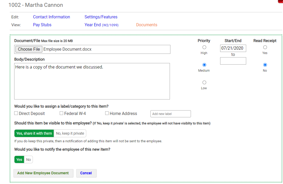 Add a Document to an Employee Record